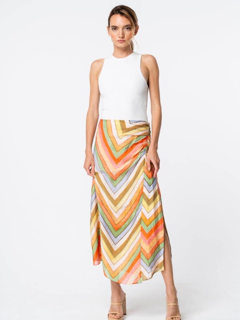 NWT Ciebon Women's M Abstract Stripe Midi Skirt Ruched Side Viscose Blend